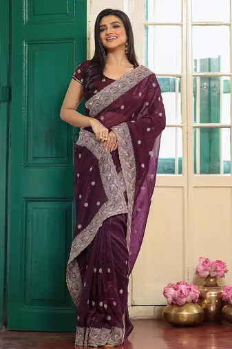 wine chiffon saree ceremonial looks