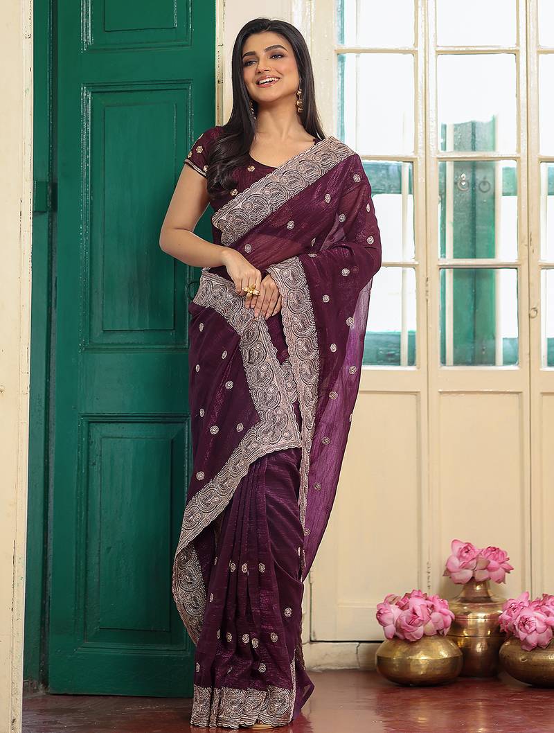 wine color designer chiffon fabric saree for ceremonial looks