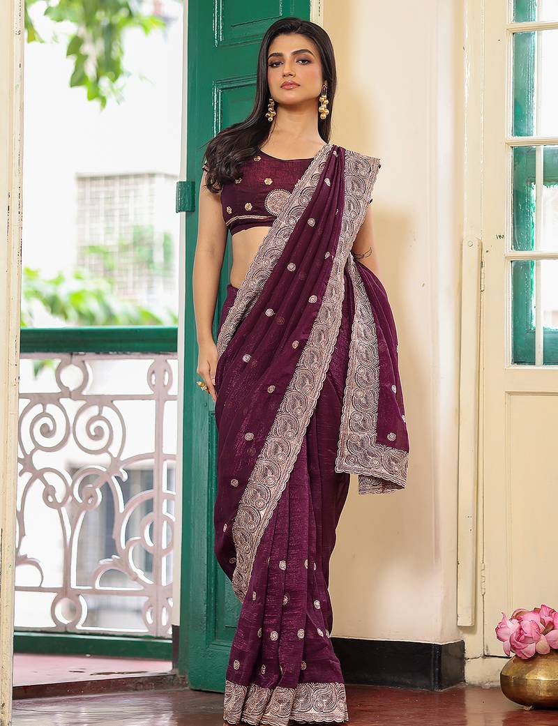 wine color designer chiffon fabric saree for ceremonial looks
