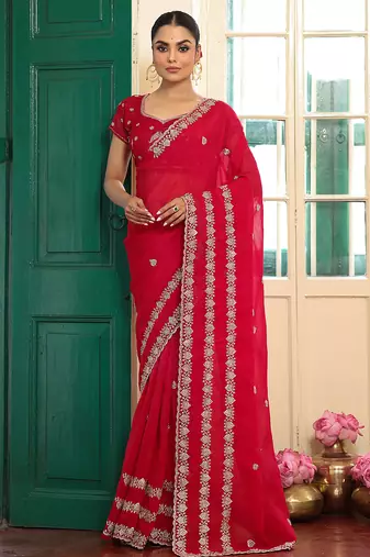 red color designer satin fabric saree for ceremonial looks