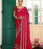 red color designer satin fabric saree for ceremonial looks