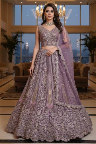 Delightfully Purple Dori, Zari, Sequence, and Thread Embrodered, with Zircon diamond Bridal Net Wedding Lehenga Choli