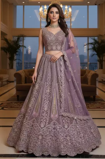 Delightfully Purple Dori, Zari, Sequence, and Thread Embrodered, with Zircon diamond Bridal Net Wedding Lehenga Choli