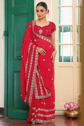 red satin saree ceremonial looks