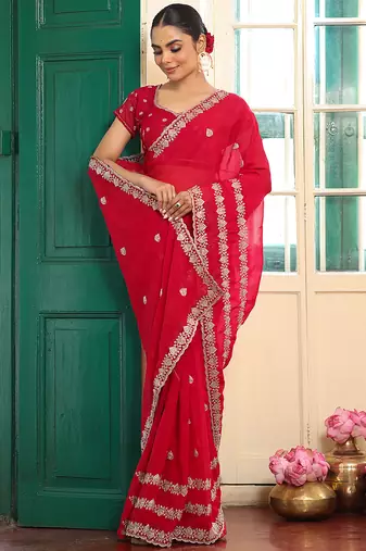 red satin saree ceremonial looks
