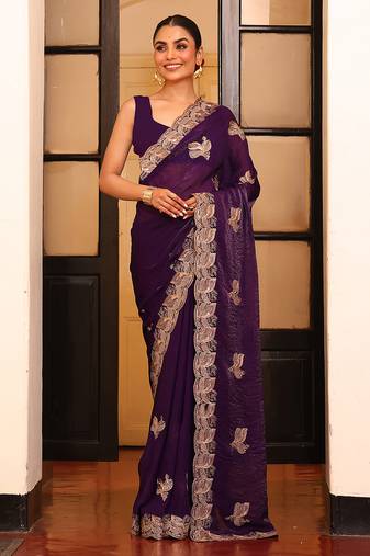 voilet color designer satin fabric saree for ceremonial looks