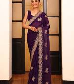 voilet color designer satin fabric saree for ceremonial looks