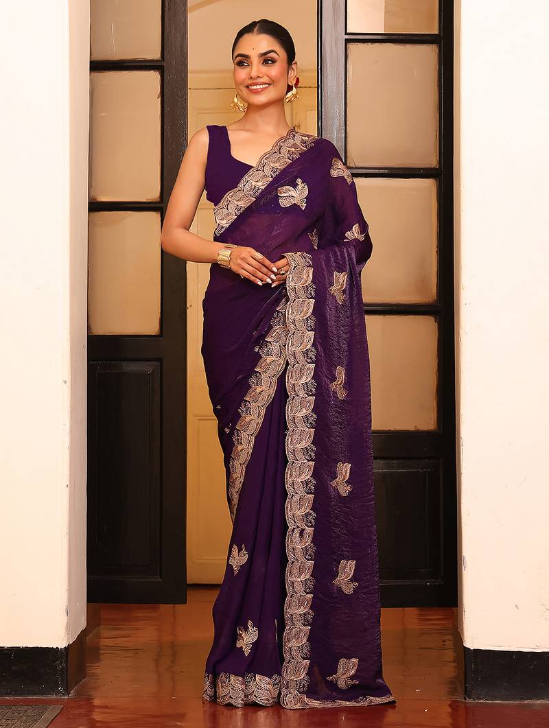 voilet color designer satin fabric saree for ceremonial looks