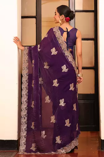 voilet color satin fabric saree for ceremonial looks