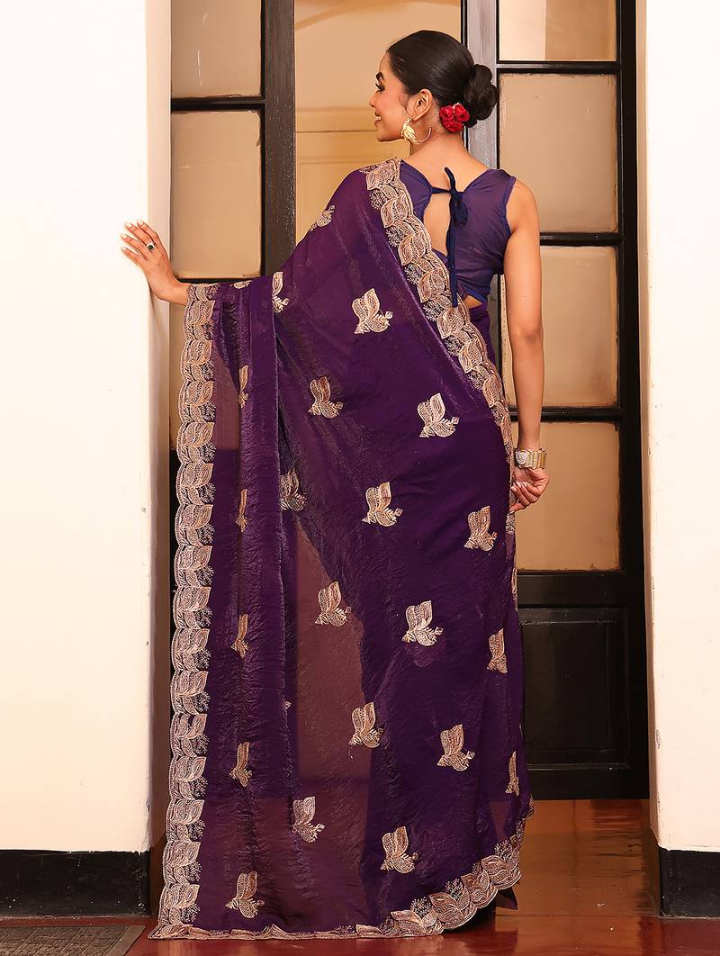 voilet color designer satin fabric saree for ceremonial looks