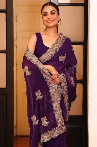 voilet color satin fabric saree for ceremonial looks