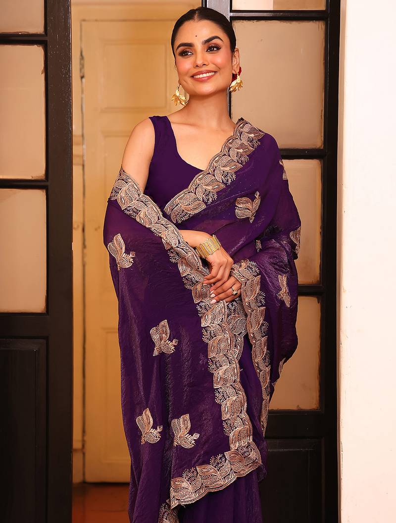 voilet color designer satin fabric saree for ceremonial looks