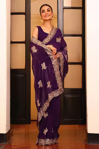 voilet color satin fabric saree for ceremonial looks