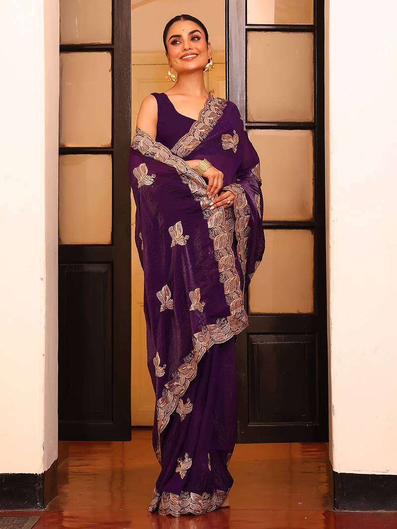 voilet color designer satin fabric saree for ceremonial looks