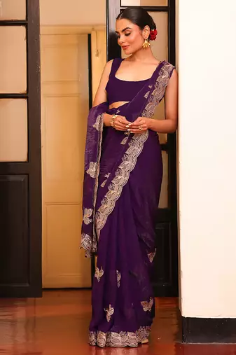 voilet color satin fabric saree for ceremonial looks