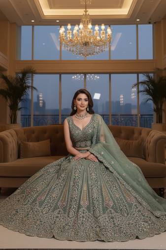 Attractive Pista Dori, Zari And Thread, Sequence Embrodered and Zircon diamond Bridal Net Wedding Lehenga Choli