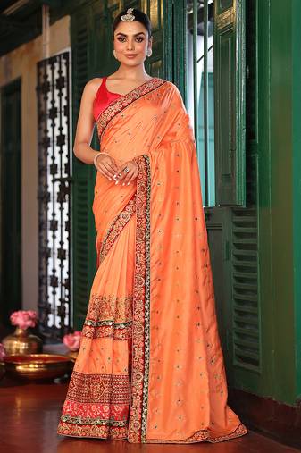 Orange color designer silk blend blend fabric saree for ceremonial looks
