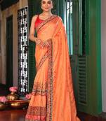 Orange color designer silk blend blend fabric saree for ceremonial looks