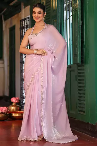 lavender color designer tissue fabric saree for ceremonial looks