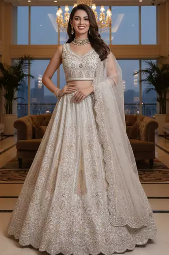 Captivating White Dori, Zari,Sequence And Thread Embrodered with Zircon diamond Bridal Net Lehenga Choli for wedding