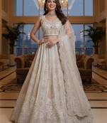 Captivating White Dori, Zari,Sequence And Thread Embrodered with Zircon diamond Bridal Net Lehenga Choli for wedding