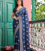 blue color designer chiffon fabric saree for ceremonial looks