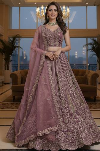 Appealing Pyazi Dori Embrodered, Zari And Thread work, Sequence and Zircon diamond Bridal Net designer lehenga choli