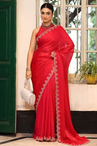 red color designer tissue fabric saree for ceremonial looks