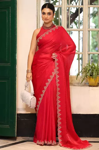 red color designer tissue fabric saree for ceremonial looks