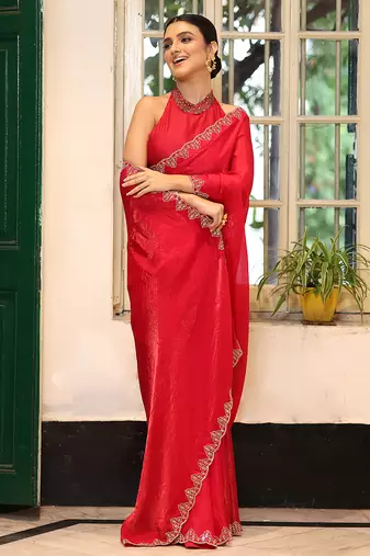 red tissue saree ceremonial looks