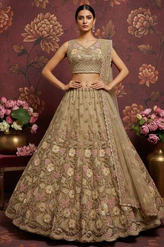 Engaging Golden Crystal Pipe handwork, Multicolor Motif, Sober Color Sequins, Zari, Dori Embroidered Net wedding lehenga