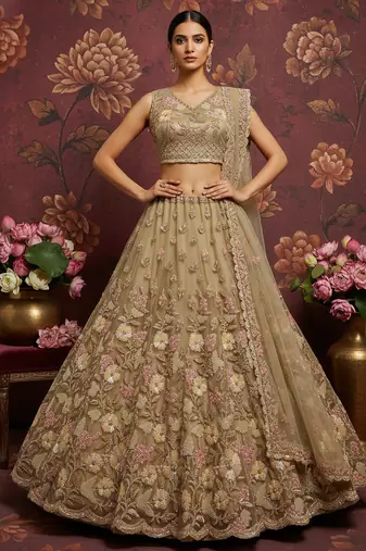 Engaging Golden Crystal Pipe handwork, Multicolor Motif, Sober Color Sequins, Zari, Dori Embroidered Net wedding lehenga