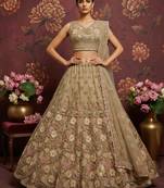 Engaging Golden Crystal Pipe handwork, Multicolor Motif, Sober Color Sequins, Zari, Dori Embroidered Net wedding lehenga