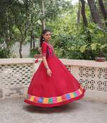 Maroon Roman Fabric Semi Stitched Gown for Women | Thread & Mirror Work Ethnic Gown | Elegant Festive & Party Wear