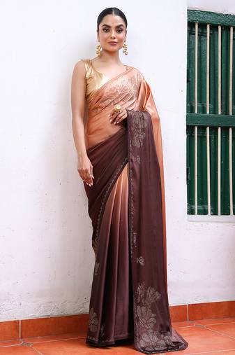 peach color designer satin fabric saree for ceremonial looks