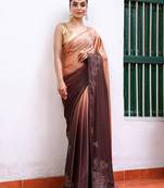 peach color designer satin fabric saree for ceremonial looks