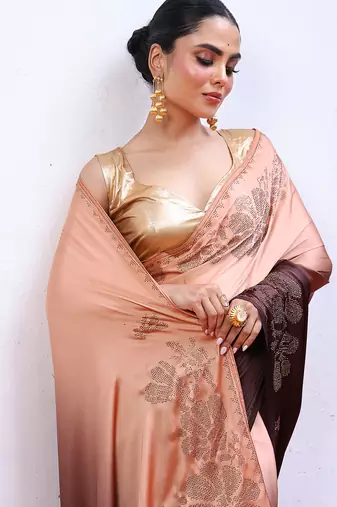 peach satin saree ceremonial looks