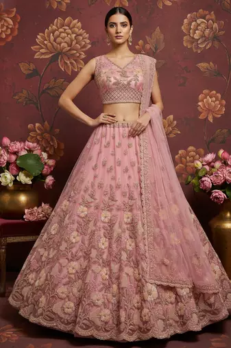 Dazzling Pink Crystal Pipe handwork, Multicolor Motif, Sober Color Sequins, Zari, Dori Embroidered Net lehenga choli
