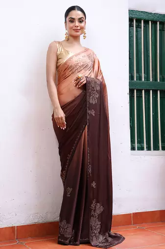 peach satin saree ceremonial looks