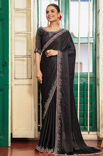 black color designer satin fabric saree for ceremonial looks