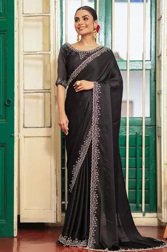 black color designer satin fabric saree for ceremonial looks