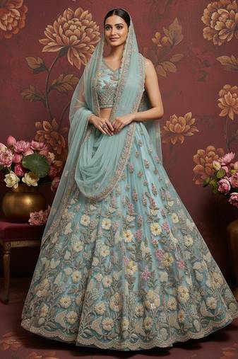 Sky Blue Crystal Pipe handwork, Multicolor Motif, Sober Color Sequins, Zari, Dori Embroidered Net wedding lehengas