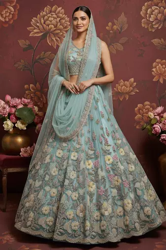 Sky Blue Crystal Pipe handwork, Multicolor Motif, Sober Color Sequins, Zari, Dori Embroidered Net wedding lehengas
