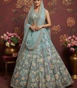 Sky Blue Crystal Pipe handwork, Multicolor Motif, Sober Color Sequins, Zari, Dori Embroidered Net wedding lehengas