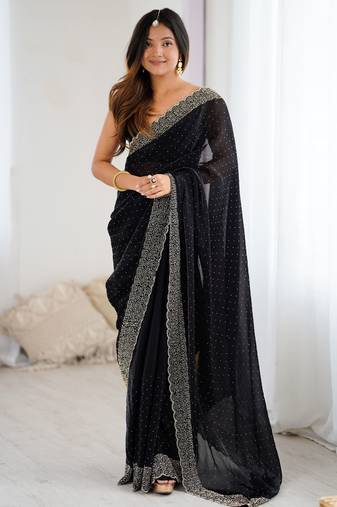 black color chiffon fabric zarkan hand work designer bollywood style saree