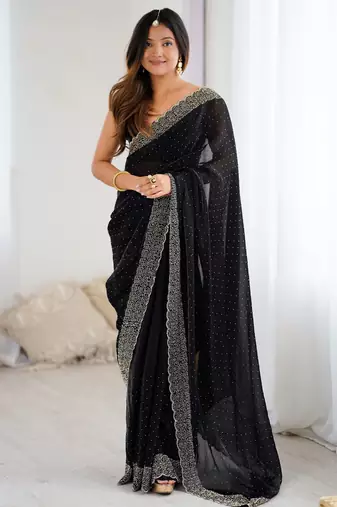 black color chiffon fabric zarkan hand work designer bollywood style saree