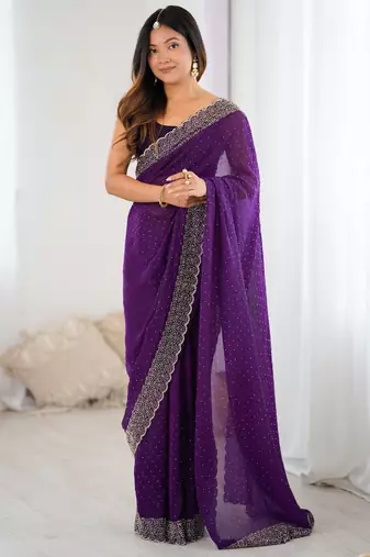 purple color chiffon fabric zarkan hand work designer bollywood style saree