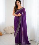 purple color chiffon fabric zarkan hand work bollywood style saree