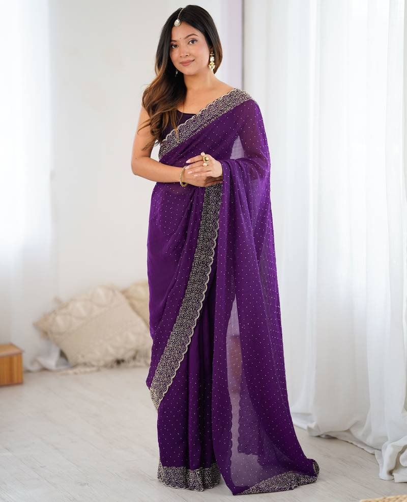 purple color chiffon fabric zarkan hand work designer bollywood style saree