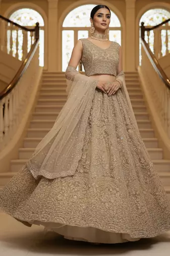 Seductive Golden White Pearl Beads, Thread work, Zari and Dori Embroidered, Zircon Diamond Heavy Net lehenga choli